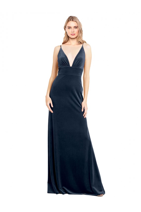Compre Azul marina oscuro línea A Cuello en V Terciopelo Elástico Largo Vestidos de dama de honor / Vestidos de fiesta