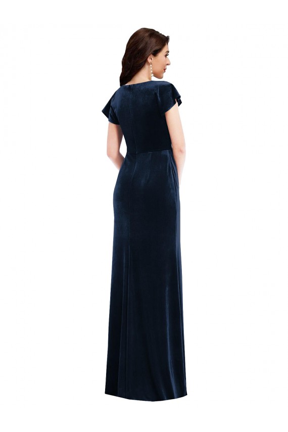 Compre Azul marina oscuro línea A Cuello en V Terciopelo Elástico Largo Formales Vestidos de dama de honor / Vestidos de fiesta