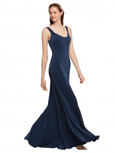 Compre Azul marina oscuro línea A Cuello redondo Crepé Elástico Largo Formales Vestidos de dama de honor / Vestidos de fiesta