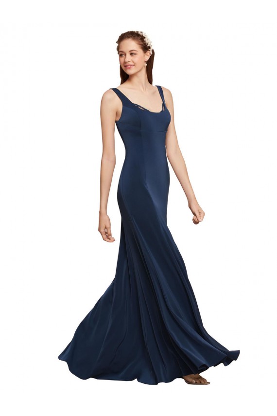 Compre Azul marina oscuro línea A Cuello redondo Crepé Elástico Largo Formales Vestidos de dama de honor / Vestidos de fiesta