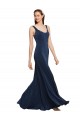 Compre Azul marina oscuro línea A Cuello redondo Crepé Elástico Largo Formales Vestidos de dama de honor / Vestidos de fiesta