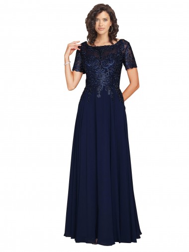 Compre Azul marina oscuro línea A Cuello redondo Gasa Largo Vestidos de dama de honor / Vestidos de fiesta