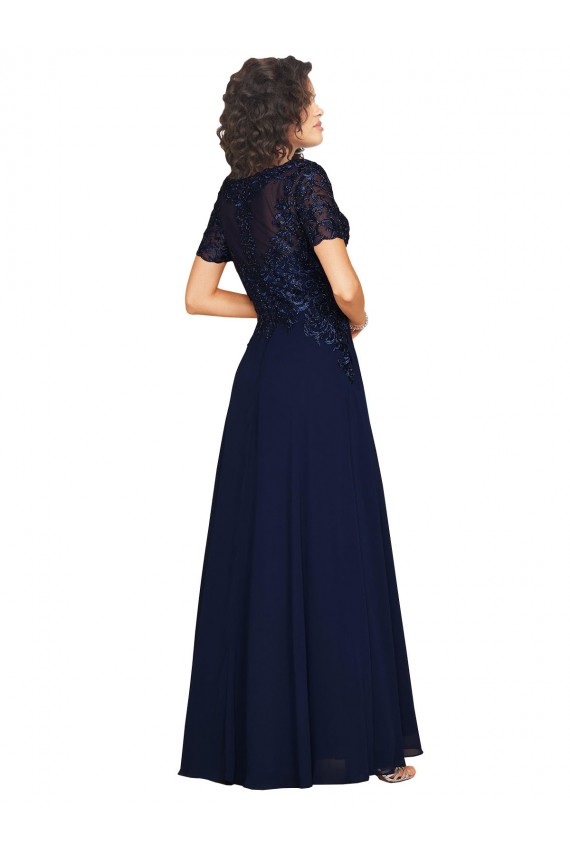 Compre Azul marina oscuro línea A Cuello redondo Gasa Largo Vestidos de dama de honor / Vestidos de fiesta