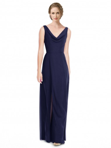 Compre Azul marina oscuro línea A Gasa Largo Vestidos de dama de honor