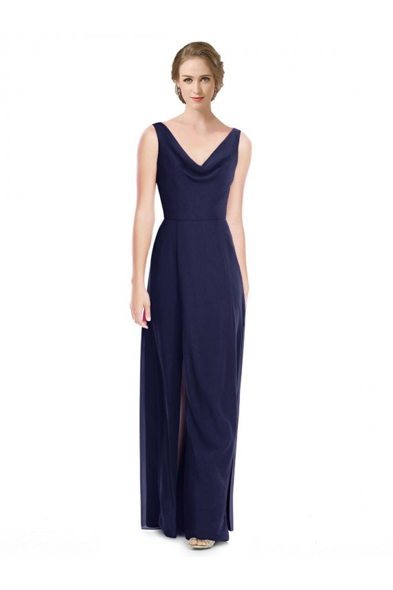 Compre Azul marina oscuro línea A Gasa Largo Vestidos de dama de honor