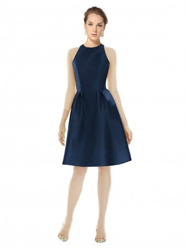Compre Azul marina oscuro línea A Halter Cóctel Satén Corto Vestidos de dama de honor / Vestidos de cóctel