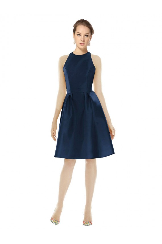 Compre Azul marina oscuro línea A Halter Cóctel Satén Corto Vestidos de dama de honor / Vestidos de cóctel