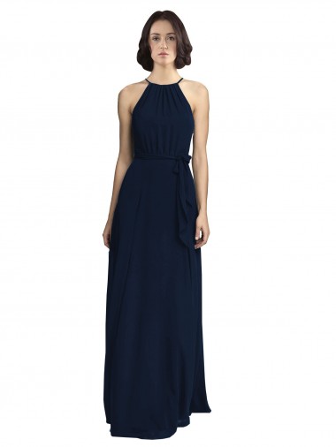 Compre Azul marina oscuro línea A Halter Cuello Alto Gasa Largo Vestidos de dama de honor