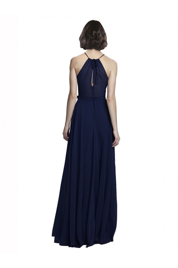 Compre Azul marina oscuro línea A Halter Cuello Alto Gasa Largo Vestidos de dama de honor