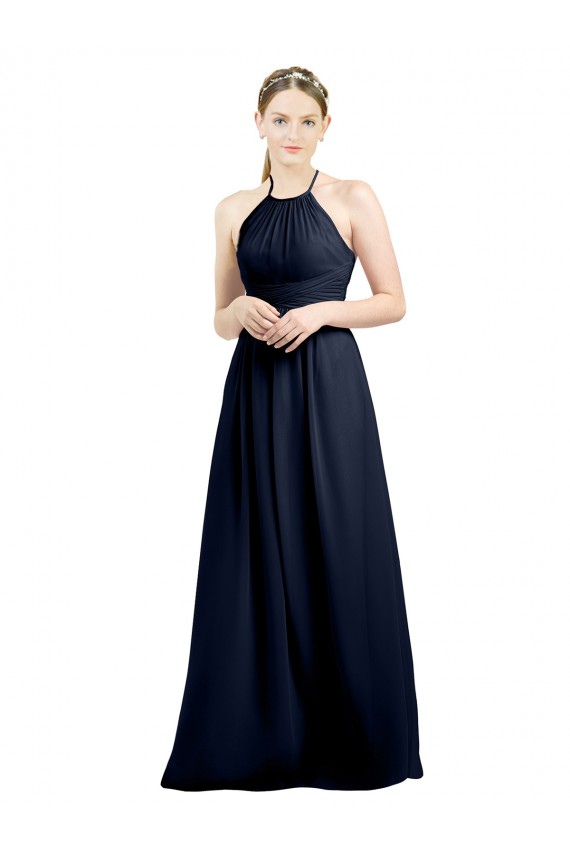 Compre Azul marina oscuro línea A Halter Cuello Alto Gasa Largo Vestidos de dama de honor