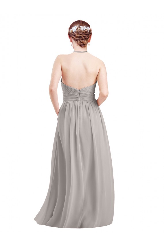 Compre Azul marina oscuro línea A Halter Cuello Alto Gasa Largo Vestidos de dama de honor