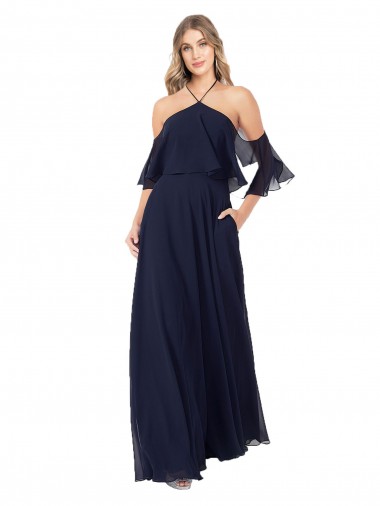 Compre Azul marina oscuro línea A Halter Cuello Alto Gasa Largo Vestidos de dama de honor