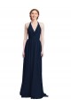 Compre Azul marina oscuro línea A Halter Cuello en V Gasa Largo Vestidos de dama de honor