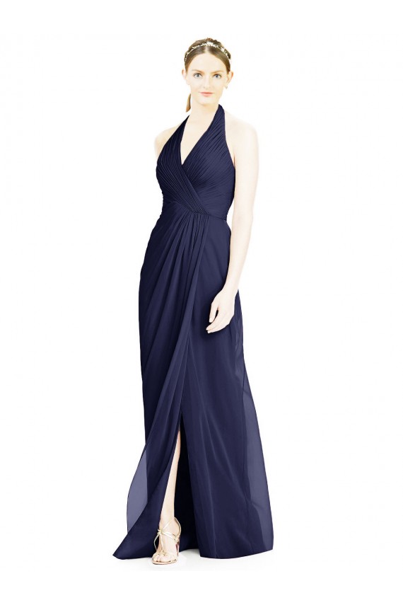 Compre Azul marina oscuro línea A Halter Cuello en V Gasa Largo Vestidos de dama de honor