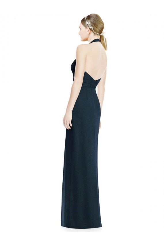 Compre Azul marina oscuro línea A Halter Cuello en V Gasa Largo Vestidos de dama de honor