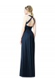 Compre Azul marina oscuro línea A Halter Cuello en V Gasa Largo Vestidos de dama de honor