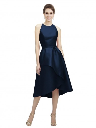 Compre Azul marina oscuro línea A Halter Cuello joya Satén Corto Asimétrico Vestidos de dama de honor