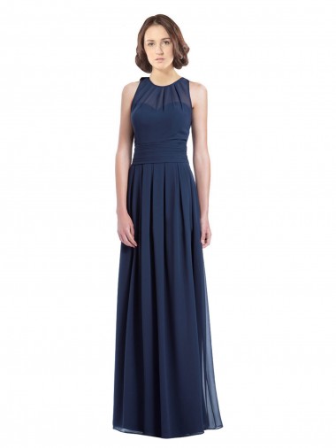 Compre Azul marina oscuro línea A Halter Gasa Largo Vestidos de dama de honor
