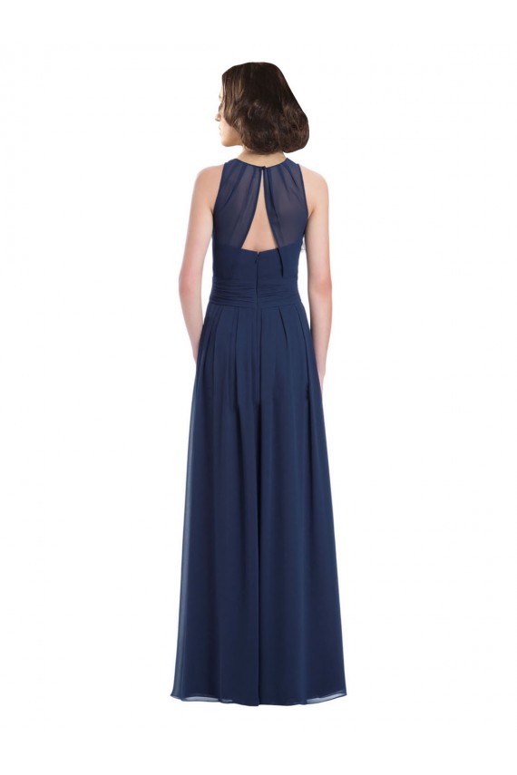 Compre Azul marina oscuro línea A Halter Gasa Largo Vestidos de dama de honor
