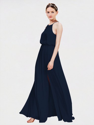 Compre Azul marina oscuro línea A Halter Gasa Largo Vestidos de dama de honor