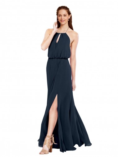 Compre Azul marina oscuro línea A Halter Gasa Largo Vestidos de dama de honor