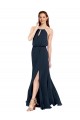 Compre Azul marina oscuro línea A Halter Gasa Largo Vestidos de dama de honor