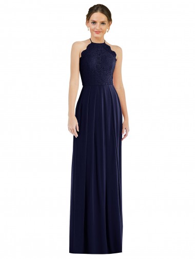 Compre Azul marina oscuro línea A Halter Gasa Largo Vestidos de dama de honor