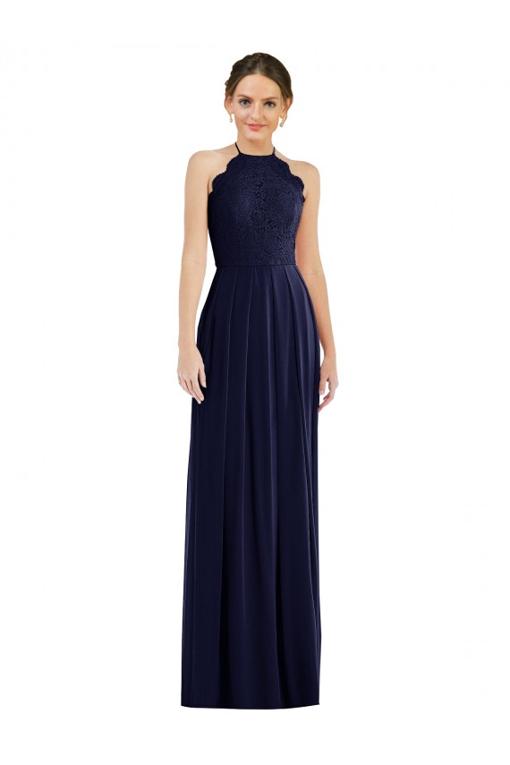 Compre Azul marina oscuro línea A Halter Gasa Largo Vestidos de dama de honor