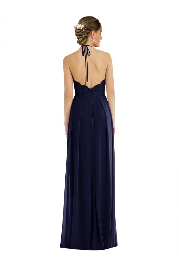 Compre Azul marina oscuro línea A Halter Gasa Largo Vestidos de dama de honor