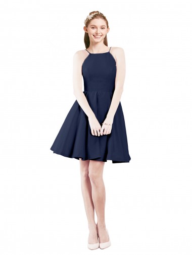 Compre Azul marina oscuro línea A Halter Satén Corto Vestidos de dama de honor / Vestidos de cóctel