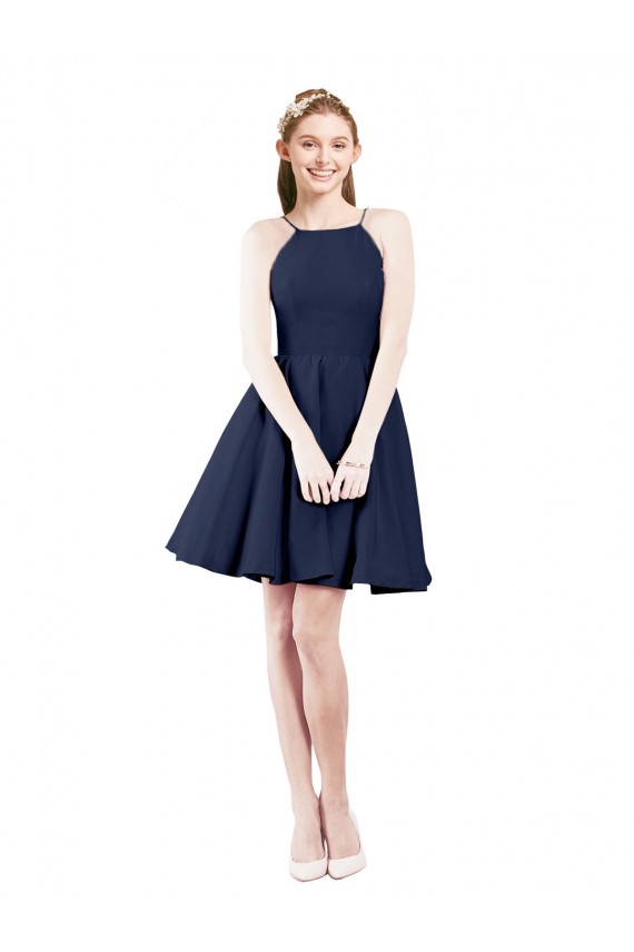 Compre Azul marina oscuro línea A Halter Satén Corto Vestidos de dama de honor / Vestidos de cóctel