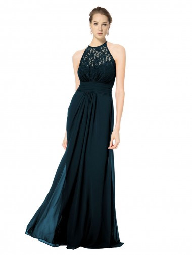 Compre Azul marina oscuro línea A Halter Ilusión Gasa Encaje Largo Vestidos de dama de honor