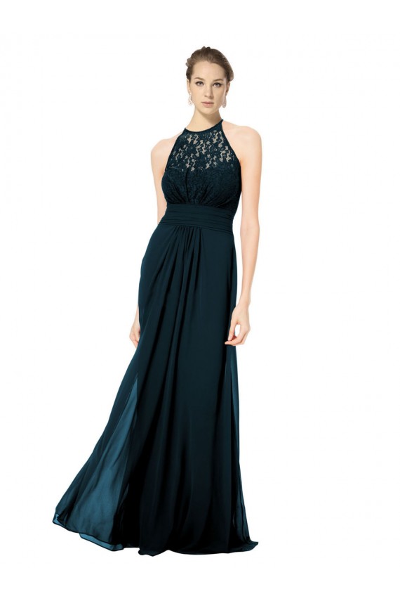 Compre Azul marina oscuro línea A Halter Ilusión Gasa Encaje Largo Vestidos de dama de honor