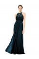 Compre Azul marina oscuro línea A Halter Ilusión Gasa Encaje Largo Vestidos de dama de honor