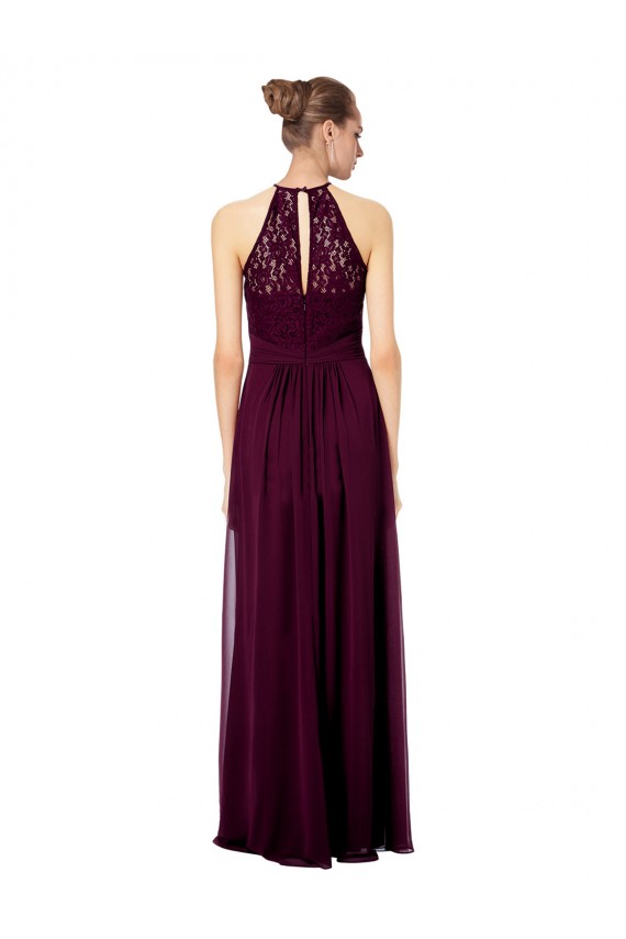 Compre Azul marina oscuro línea A Halter Ilusión Gasa Encaje Largo Vestidos de dama de honor