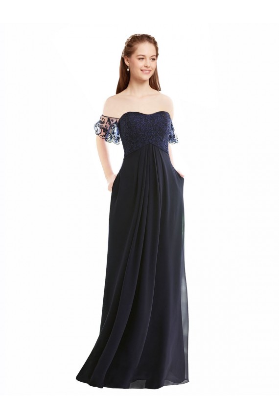 Compre Azul marina oscuro línea A Hombros Descubiertos Cuello en V Gasa Encaje Largo Vestidos de dama de honor
