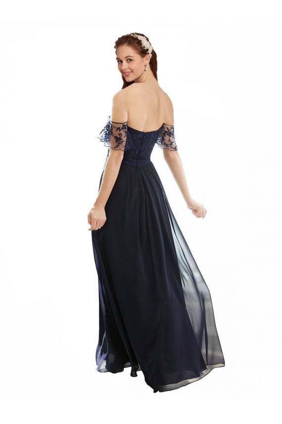 Compre Azul marina oscuro línea A Hombros Descubiertos Cuello en V Gasa Encaje Largo Vestidos de dama de honor