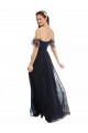 Compre Azul marina oscuro línea A Hombros Descubiertos Cuello en V Gasa Encaje Largo Vestidos de dama de honor