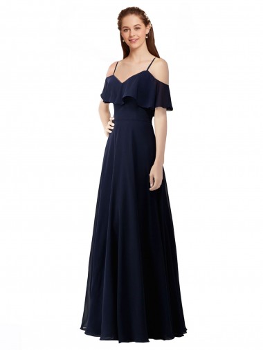 Compre Azul marina oscuro línea A Hombros Descubiertos Cuello en V Gasa Largo Vestidos de dama de honor