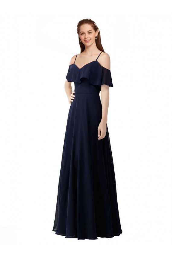 Compre Azul marina oscuro línea A Hombros Descubiertos Cuello en V Gasa Largo Vestidos de dama de honor