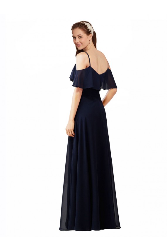 Compre Azul marina oscuro línea A Hombros Descubiertos Cuello en V Gasa Largo Vestidos de dama de honor
