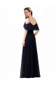Compre Azul marina oscuro línea A Hombros Descubiertos Cuello en V Gasa Largo Vestidos de dama de honor