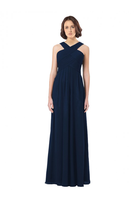 Compre Azul marina oscuro línea A Hombros Descubiertos Gasa Largo Vestidos de dama de honor