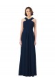 Compre Azul marina oscuro línea A Hombros Descubiertos Gasa Largo Vestidos de dama de honor