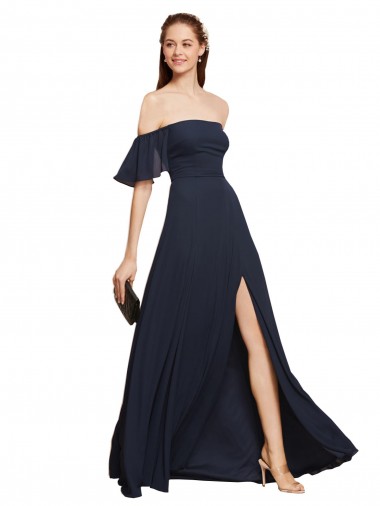 Compre Azul marina oscuro línea A Hombros Descubiertos Gasa Largo Vestidos de dama de honor / Vestidos de fiesta