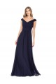 Compre Azul marina oscuro línea A Hombros Descubiertos Gasa Largo Vestidos de dama de honor