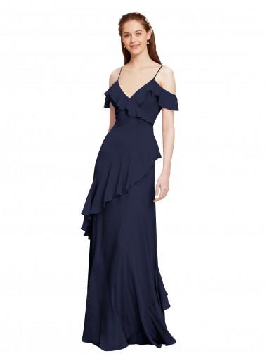 Compre Azul marina oscuro línea A Hombros Descubiertos Tirantes espagueti Gasa Largo Vestidos de dama de honor