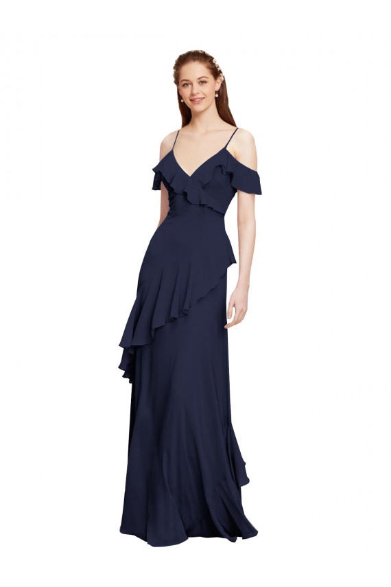 Compre Azul marina oscuro línea A Hombros Descubiertos Tirantes espagueti Gasa Largo Vestidos de dama de honor