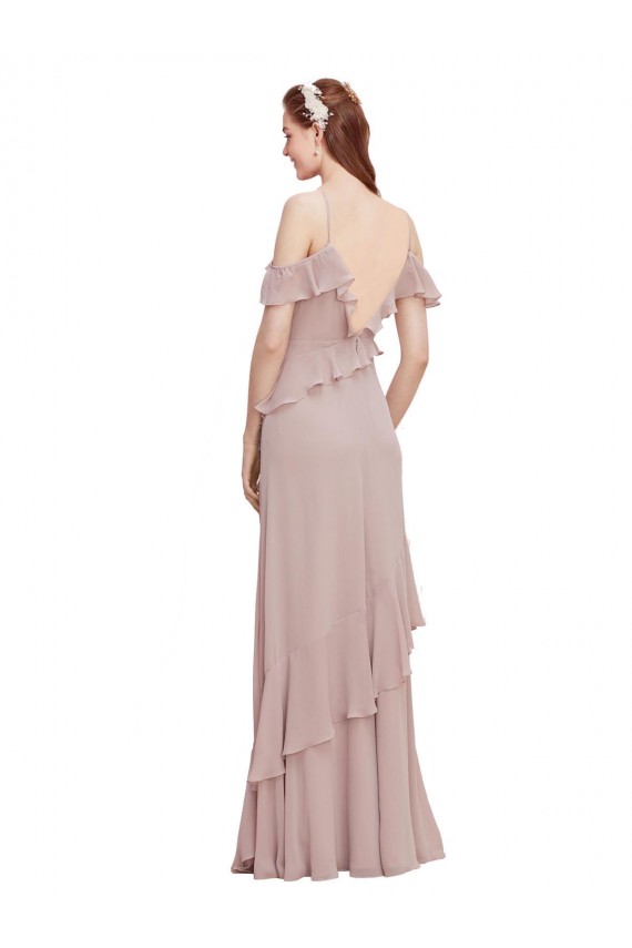 Compre Azul marina oscuro línea A Hombros Descubiertos Tirantes espagueti Gasa Largo Vestidos de dama de honor