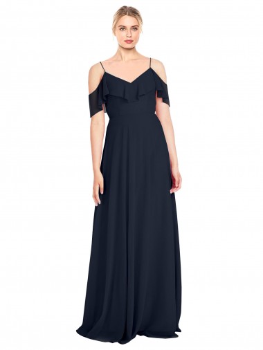 Compre Azul marina oscuro línea A Hombros Descubiertos Tirantes espagueti Gasa Largo Vestidos de dama de honor